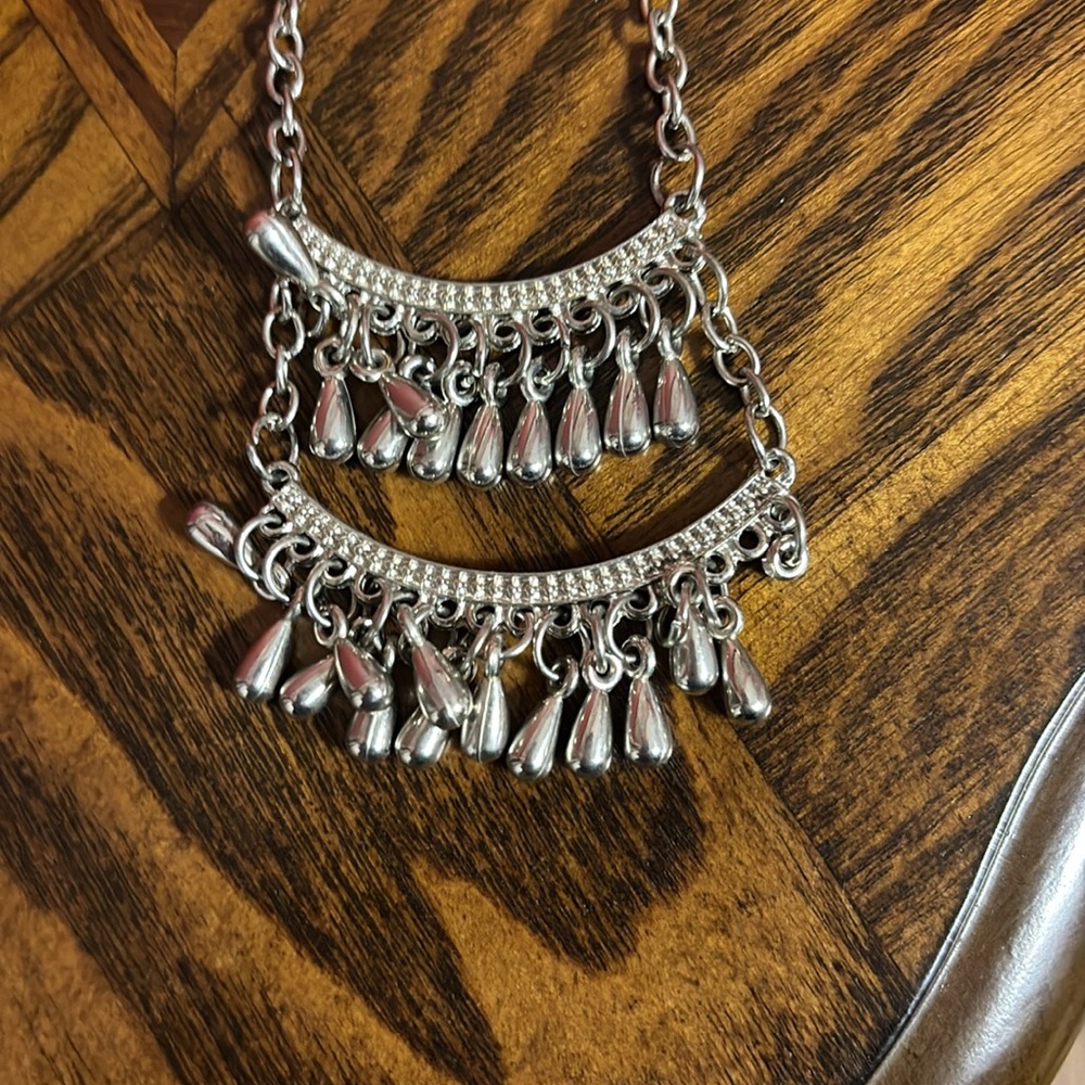 Elegant Silver Necklace with double row is dangling beads
